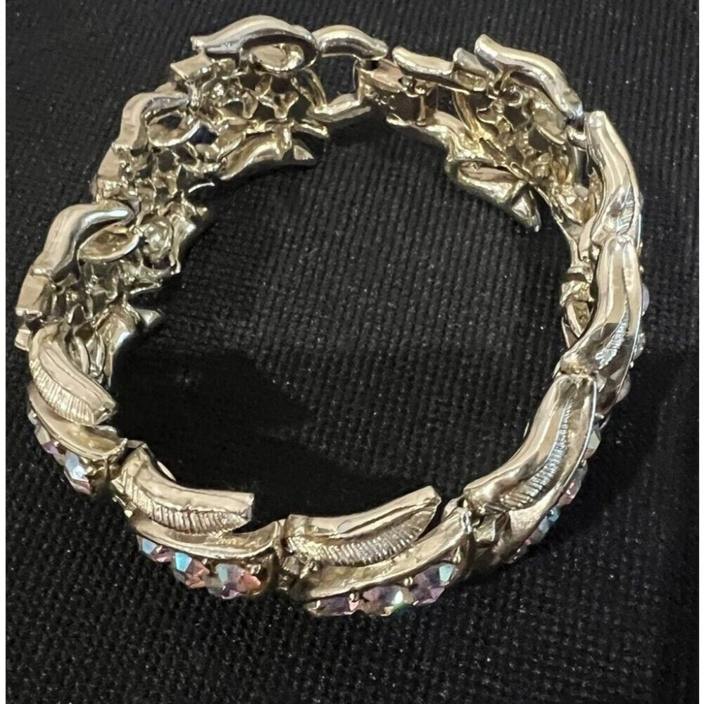 Coro Panel Bracelet Gold Tone Leaves AB Rhinestones Vintage Signed - Picture 7 of 7